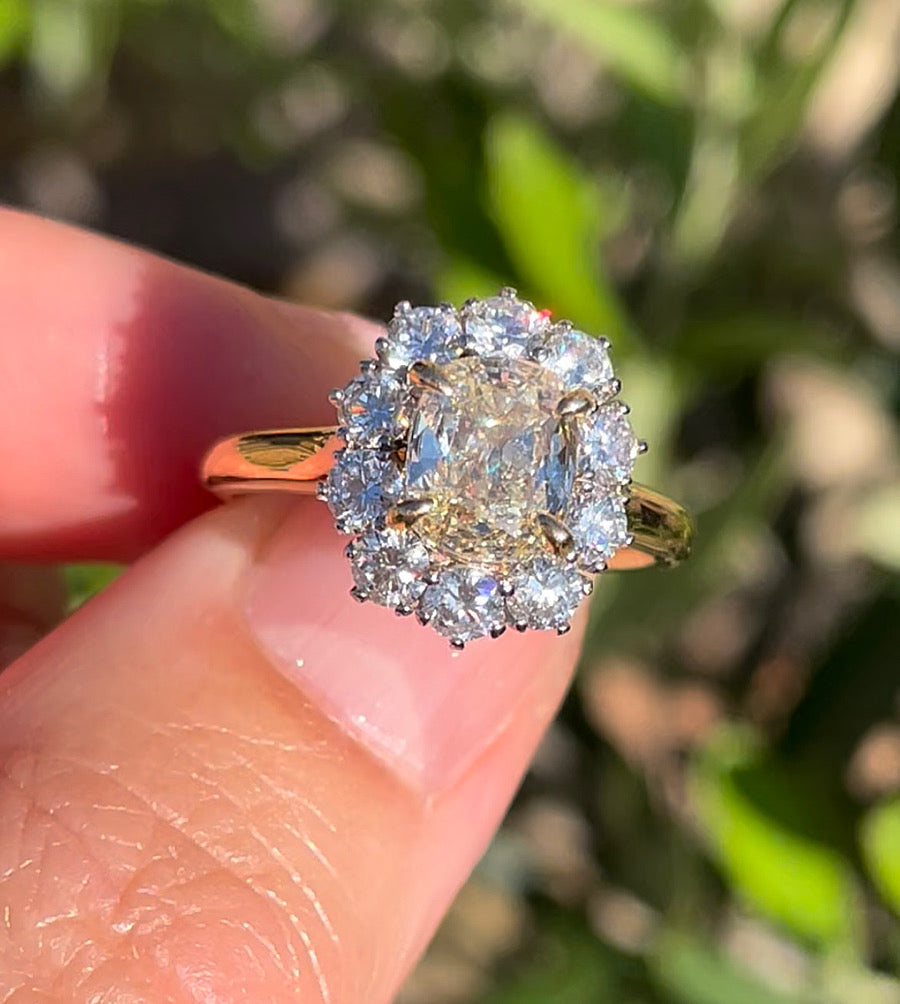 Beautiful Pale Yellow Diamond Cluster Ring in Platinum and Yellow Gold